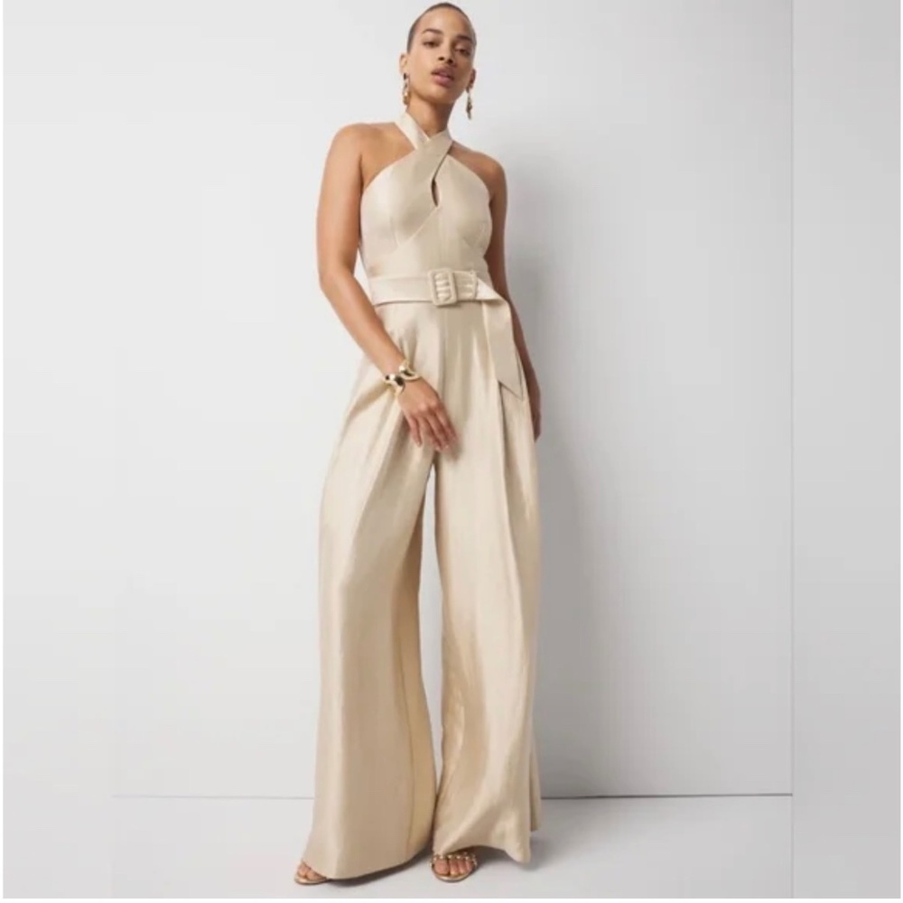 White House Black Market Gold Halter Belted Wide Leg Jumpsuit